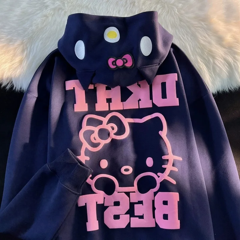 New Sanrio Hello Kitty wyszywany wzór bluzy z kapturem z kapturem Y2k damskie ładna bluza bawełniane płaszcz w za dużym rozmiarze