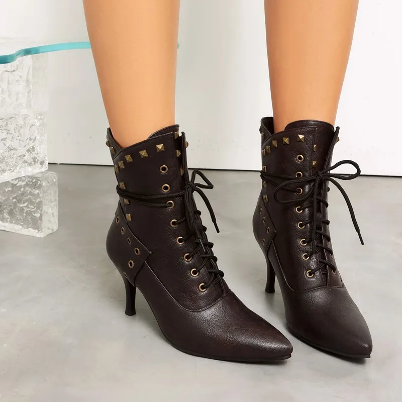 Foreign Trade Pointed Toe Thin High Heels with Retro Rivets Cross Straps Women's Short Boots Punk Lace Up Street Ankle Boots 41