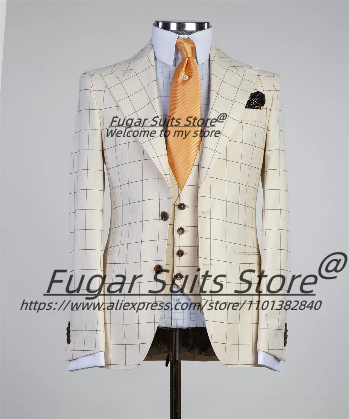 

Elegant Beige Plaid Men Suits Classic Male Blazers Customized Slim Fit Peak Lapel Groom Tuxedos 3 Pieces Sets Prom Ropa Hombre