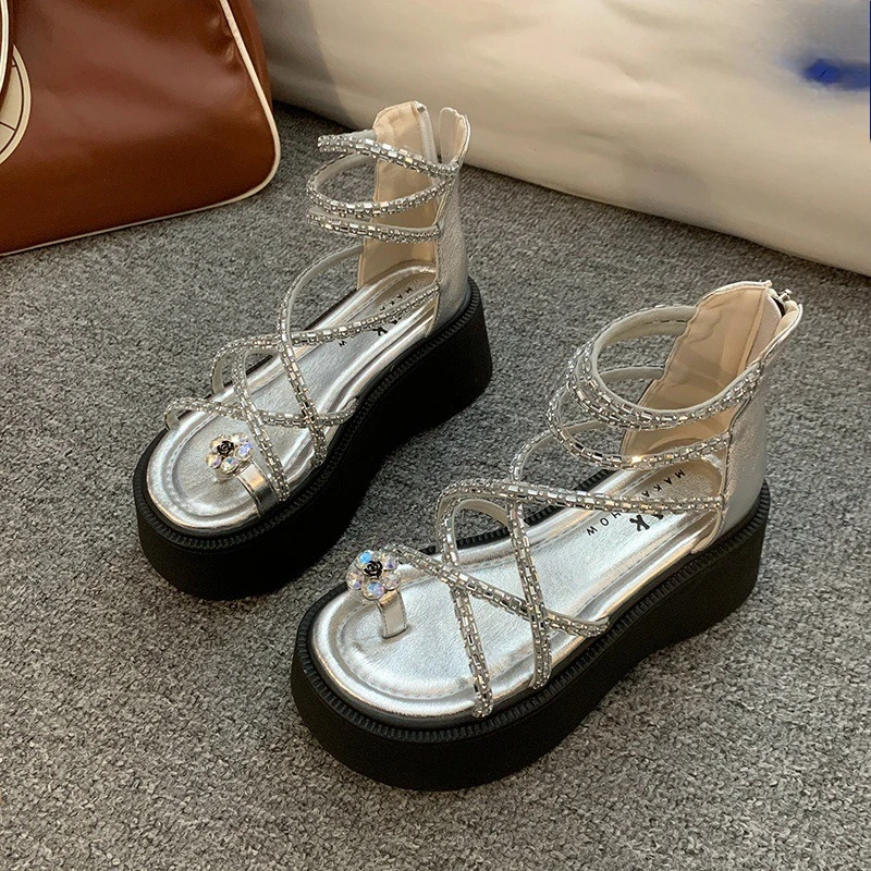 Roma Damen-Sandalen, 7 cm, Sommer, neu, mit Strass, dicker Plateauabsatz, modische Schuhe für Damen, Blumen, Clip-Toe, High Heels, Schuhe