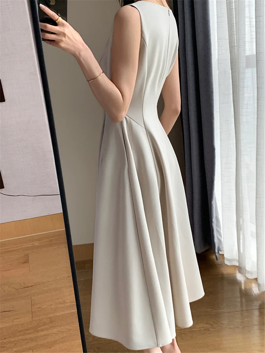 우아한 브이넥 민소매 A라인 선드레스, 슬림 포켓, 이브닝 파티 드레스, 여성용 미디 원피스, 2023 여름 신상