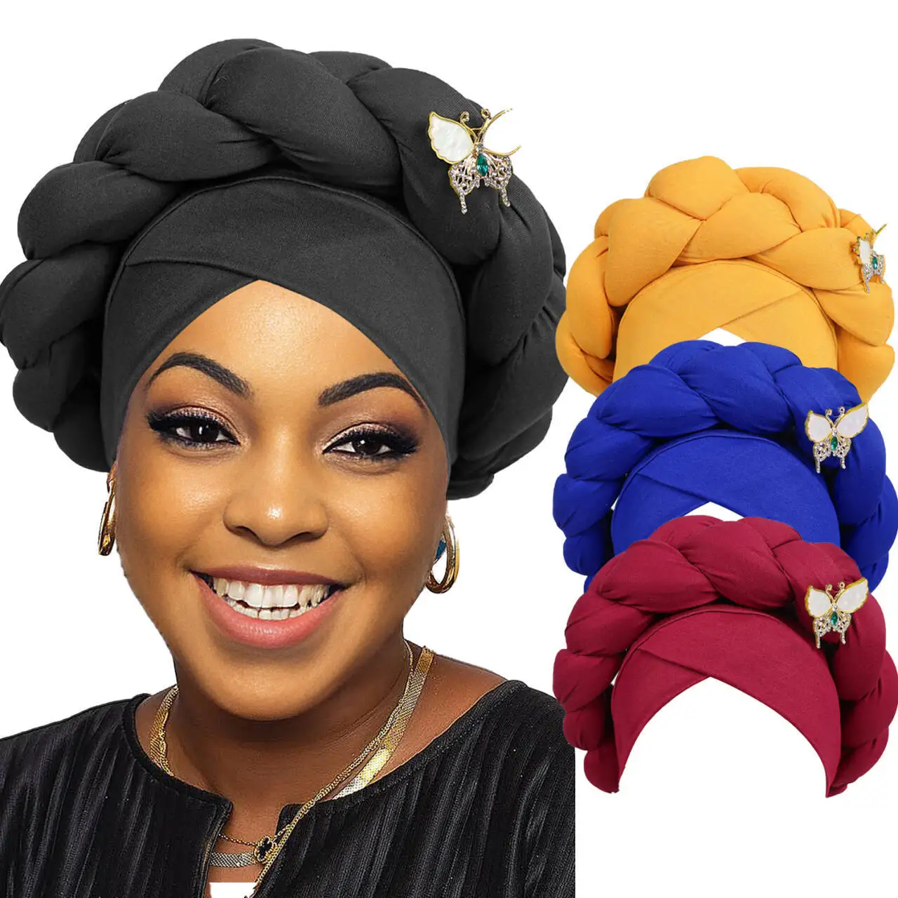 New Braid Headscarf Hat Fashion Butterfly Exaggerated Turban Bonnet Cap African Auto Gele Headties Muslim Hijab Nigeria Wedding