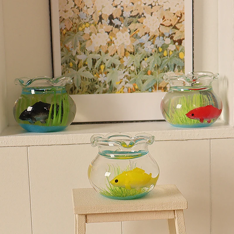 

1/12 Dollhouse Simulation Glass Fish Bowl Dollhouse Miniature Goldfish Tank Model Dolls House Desktop Decoration