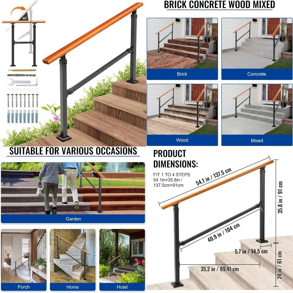 درابزين معدني خارجي للخطوات - درابزين 4 خطوات للشرفة والخرسانة والسلالم الخشبية - درابزين سلالم داخلي من الفولاذ المطلي #1