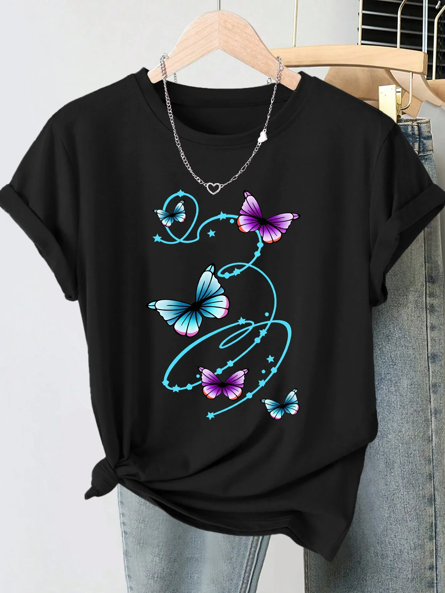 Summer New Women's Round Neck Gradient Butterfly Line Illustration Printed Short Sleeve T-shirt Summer Playful Aging Top