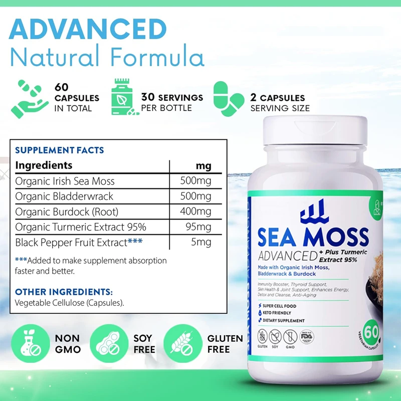 1500mg organic Irish seaweed capsule maximum absorption+95% curcumin containing bladder and burdock root