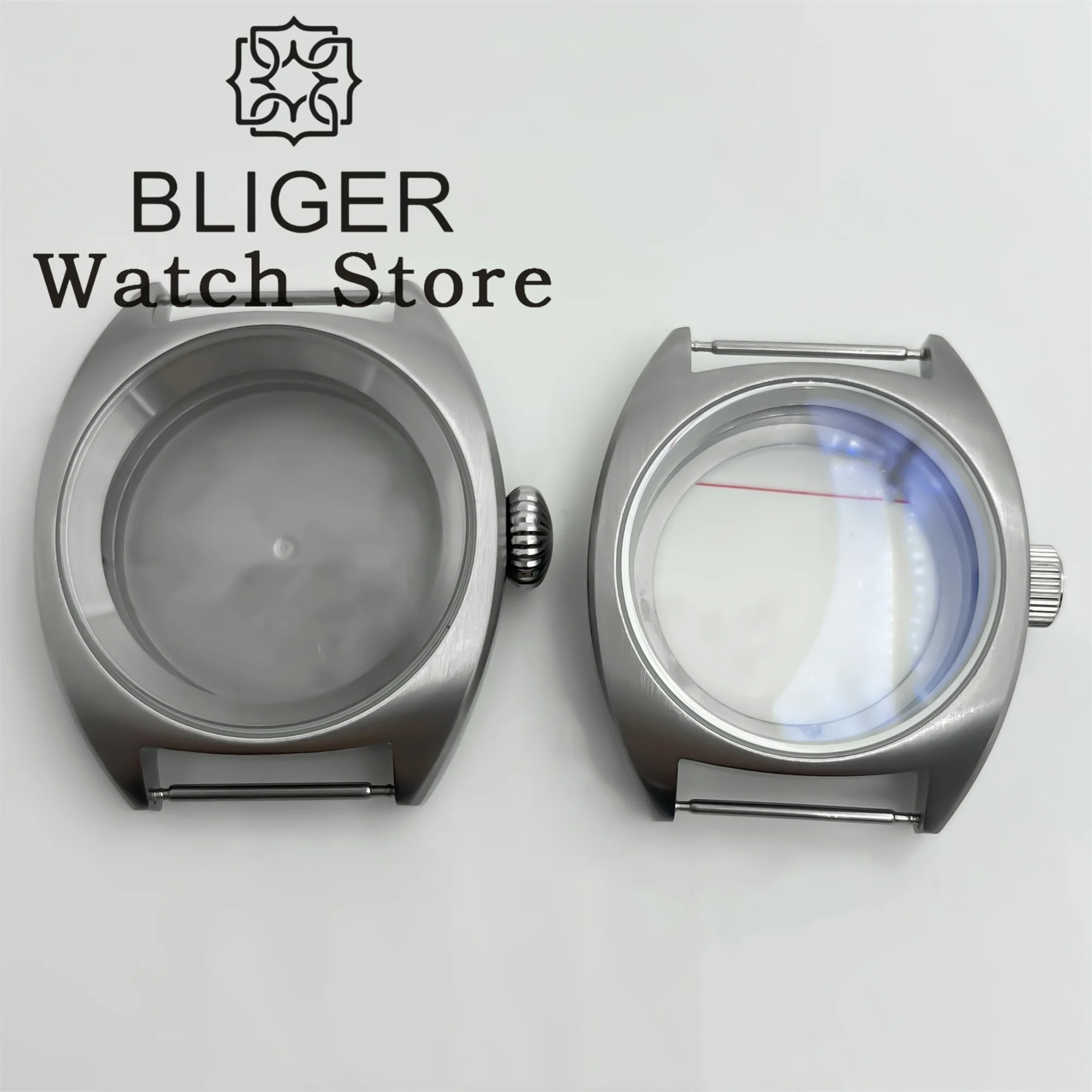 BLIGER Silver Brush NH35 Case 36mm/39mm Domed AR Sapphire Glass Big Crown Watch Case Fit NH34 NH35 36 38 ETA2824 PT5000 Movement