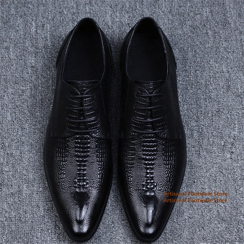 Men's Crocodile Embossed Derby Dress Shoes Lace Up Pointed Toe Leather Formal Business Shoes Trendy Men's Dress Shoes