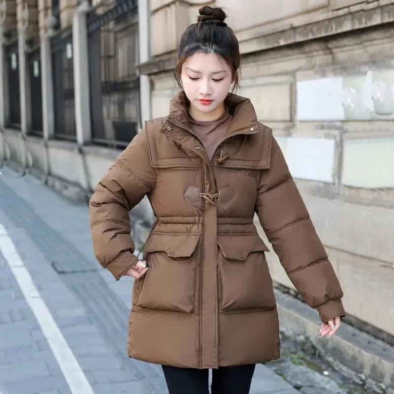 

Women's 2025 Winter Mid to Long Navy Collar With Cow Horn Buckle Waist Cinching for Slimming Effect Large Pocket Cotton Jacket
