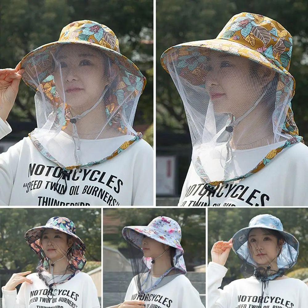 Fashion Floral Mosquito Hat Anti-UV Wide Brim Fishing Sun Cap Breathable with Net Mesh Insect Proof Cap Summer
