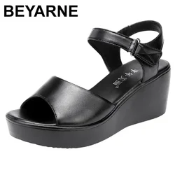 BEYARNE Big Size32-43Open Head Splite Leather Platform Wedges Sandals Summer Casual Comfortable Medium Heel Sandals Mother