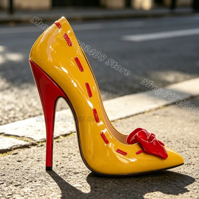 

Yellow Personality Bowknot Pumps Pointed Toe Shallow Slip on British Style Dress Party for Women Sexy Pumps Zapatos Para Mujere