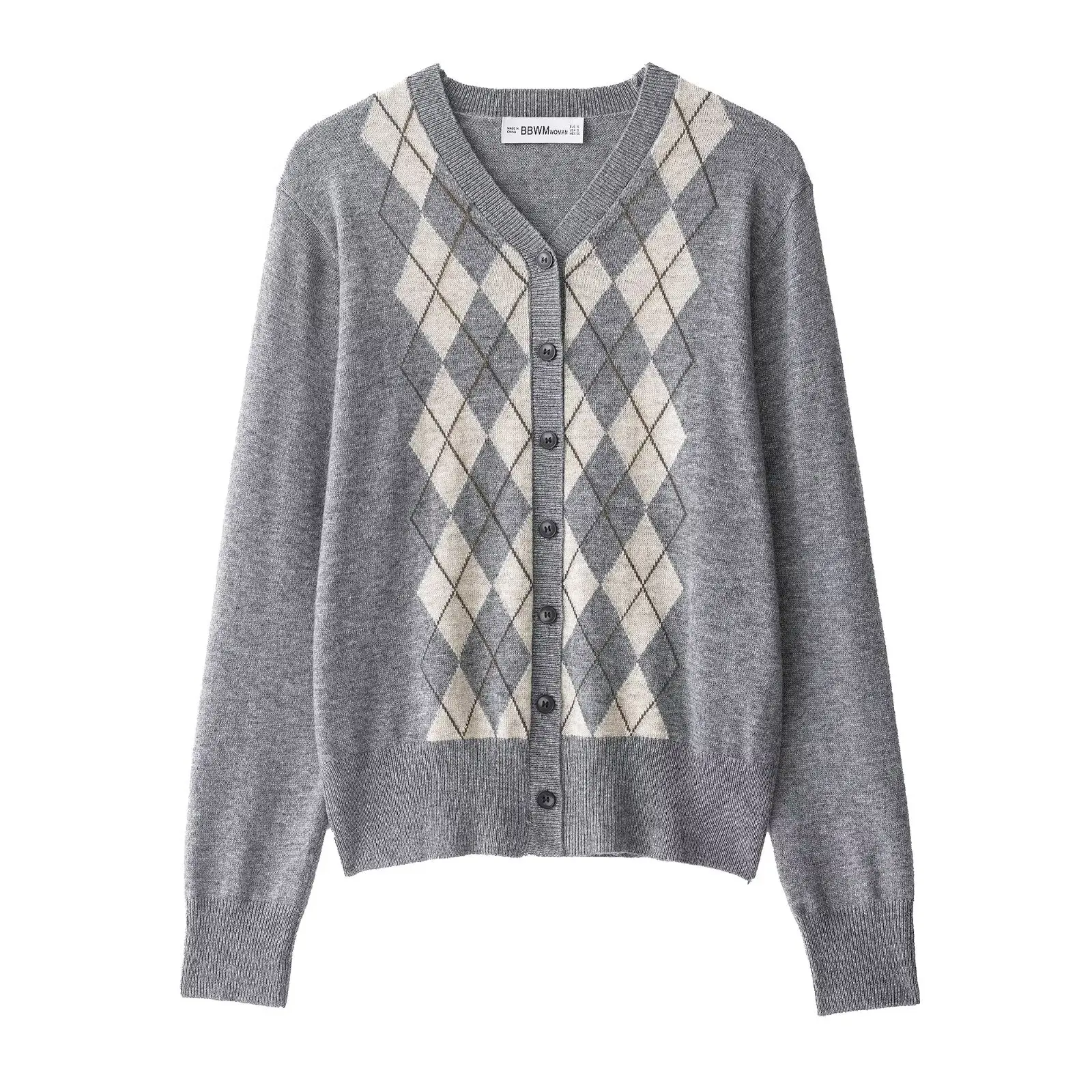 Nieuwe herfstvest voor dames Stijlvolle knoopsluiting V-hals Lange mouwen Slim-fit gebreide geruite trui Streetstyle damestop