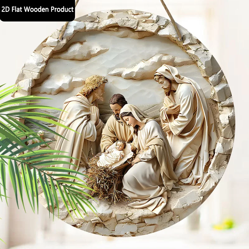 2D Flat - 1pc 2D Dolomite Head Nativity Scene Round Wooden Sign, Decorative Wall Art for Home, Wooden Holiday Statue for Home An