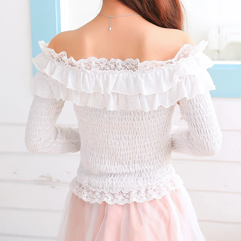 Sales Japan Style Ruffle Collar Boat Neck Cross Shoulder Whole Lace Top Long Sleeve Corset Shirt