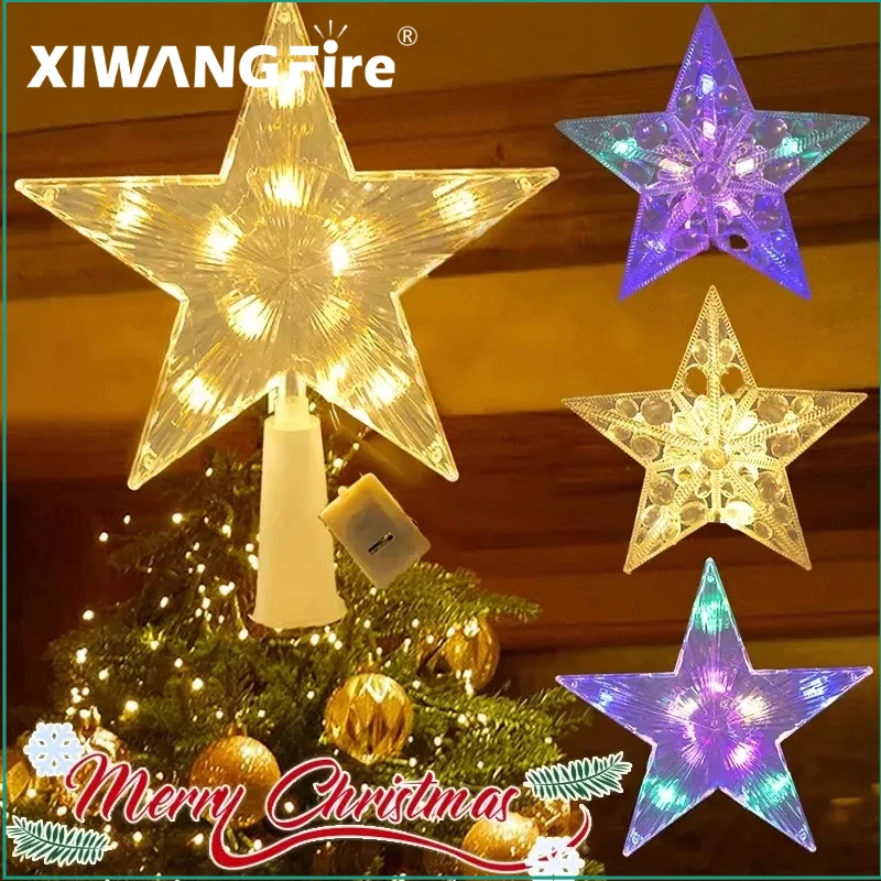 

Christmas Tree Top LED Lights Glowing Five-pointed Star Lamps Sparkling Night Light Xmas Tree Top Ornaments New Year Party Decor