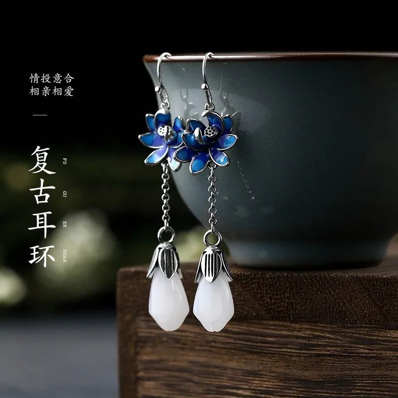Vintage Chinese Jade Pendant Earrings for Women Ancient Silver Color Retro Palace Style Luxury Jewelry Flower Shaped Ornaments
