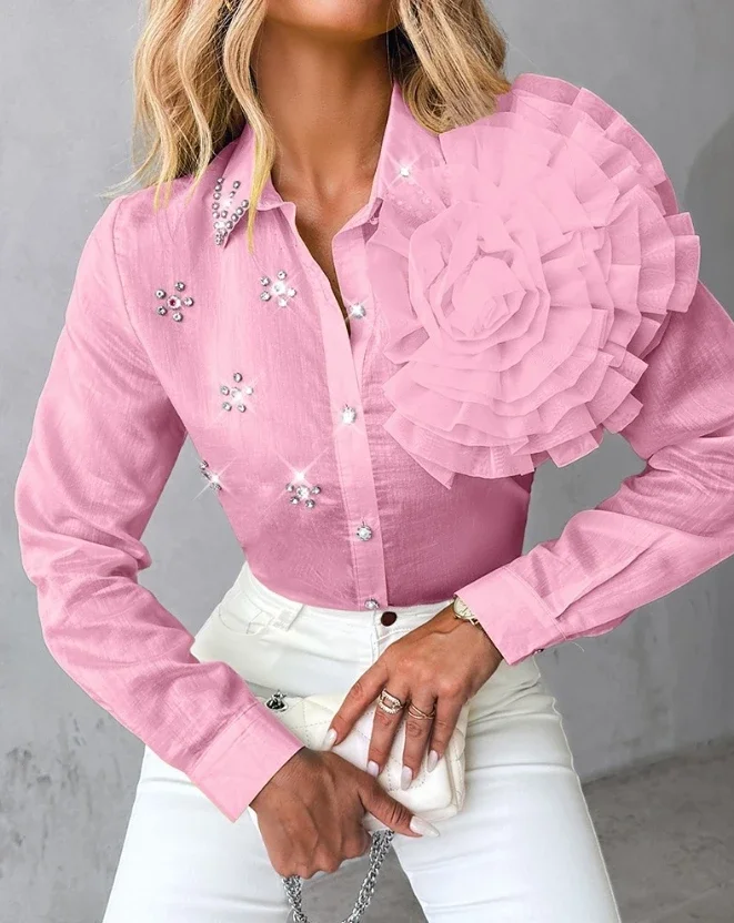 Mode Frau Bluse Frühling Rose Detail Strass einreihig lässig schlichten Turn-Down-Kragen Langarm täglich Shirt Top