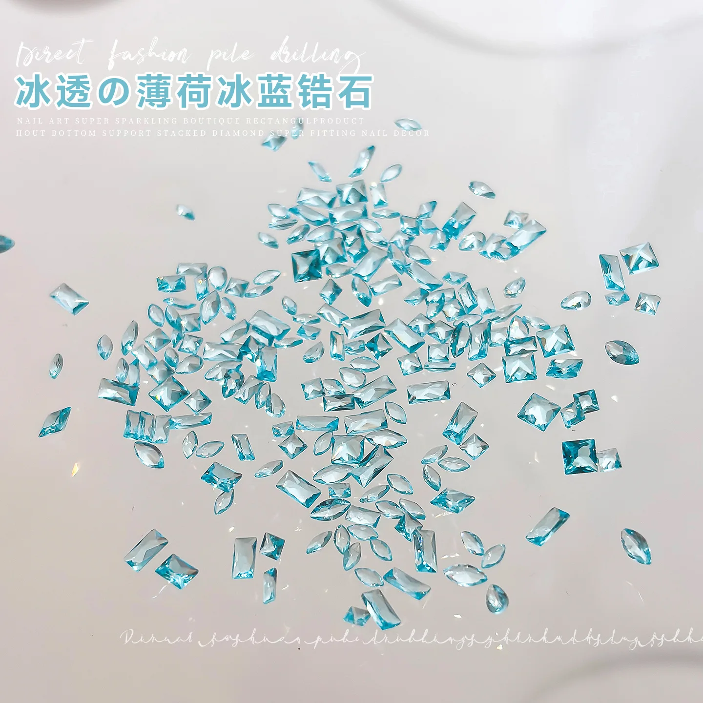 50PCS Ice Transparent Mint Blue Mini Zircon Nail Charms Mix Rectangle Oval Rhinestones Shiny Diamond Manicure Decor Accessories