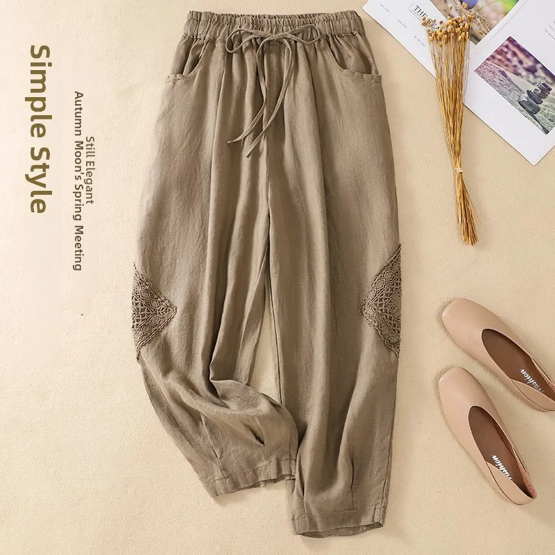 Verão novo pesado bordado algodão linho cintura elástica emagrecimento harlan calças lanterna artística pequeno pé faionable