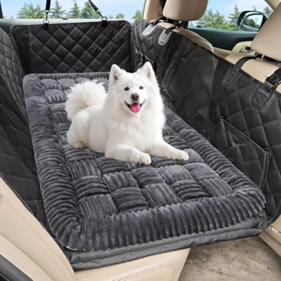 

Dog Car Bed Mat for SUVs Sedans Trucks, Plaid Gray Chew-Resistant Non-Slip Backseat Extender Pet Blanket, Easy Clean Scratch-Pr