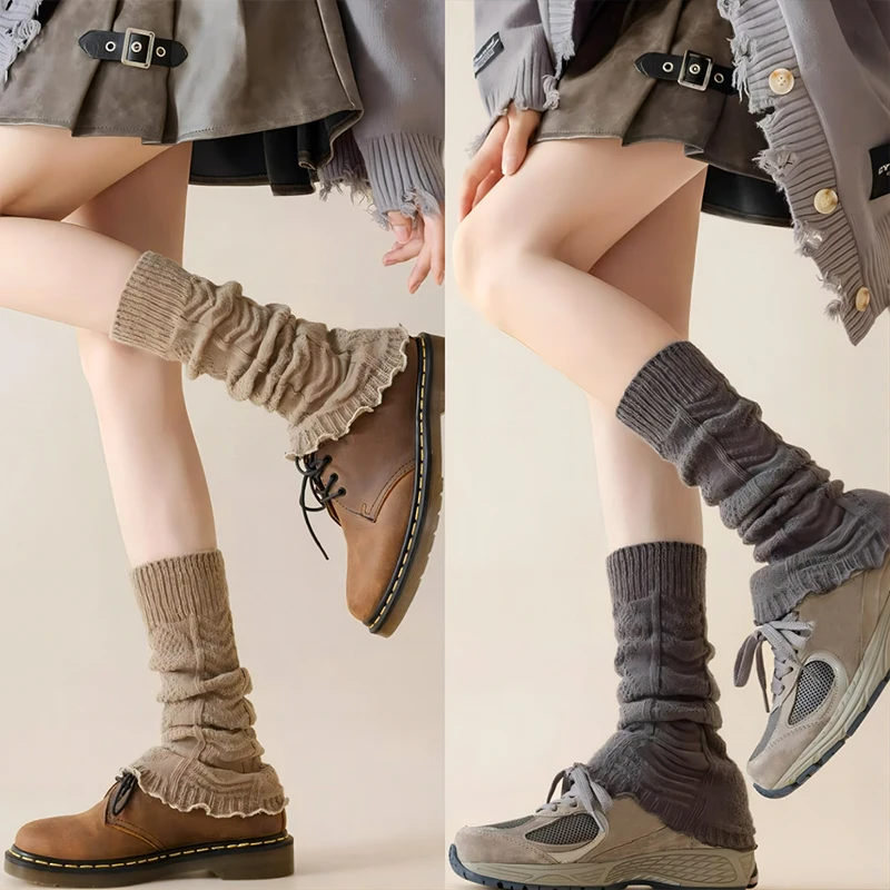 Japanese Retro Knitted Leg Warmers Women's Autumn Winter Warm Crochet Foot Cover Punk Gothic Style Long Socks Boot Cuffs