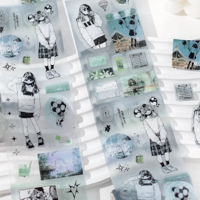 Washi Tape 60mm*2m Black and White Tone Minimalist Cartoon Girl Tape for Handbook, DIY & Scrapbooking, Thin Phone Case, Diary