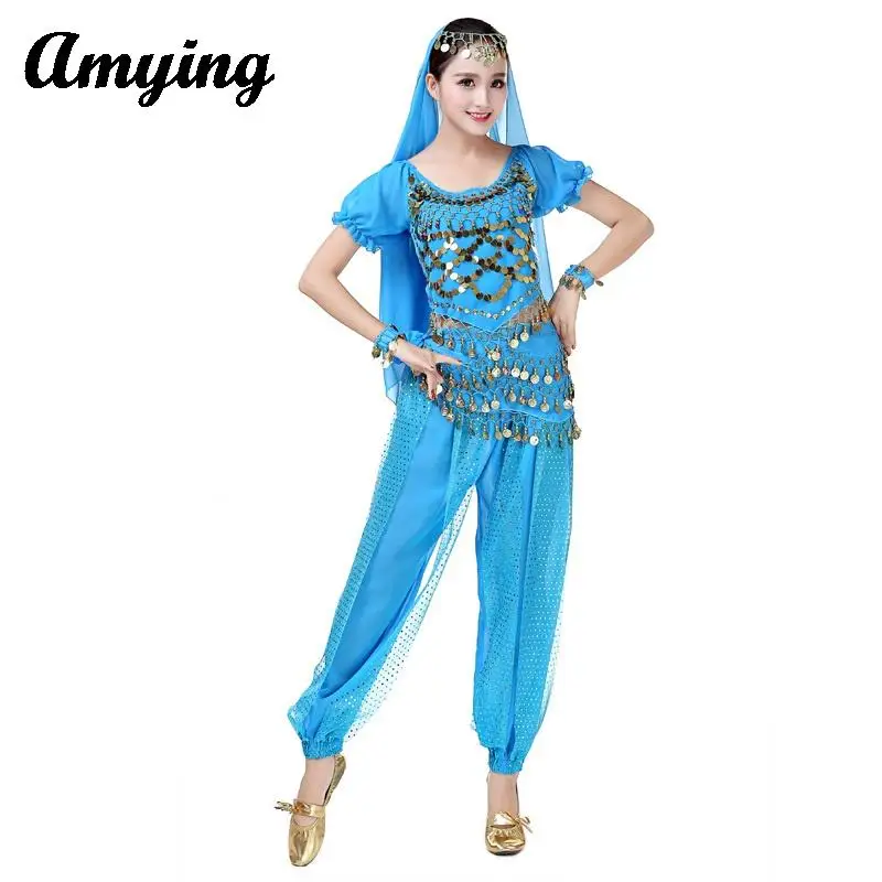 3Pcs Belly Dance Costume Set Women Sequin Adjustable Top+Lantern Pants+Hip Scarf Lady Performance Practice Training Clothing