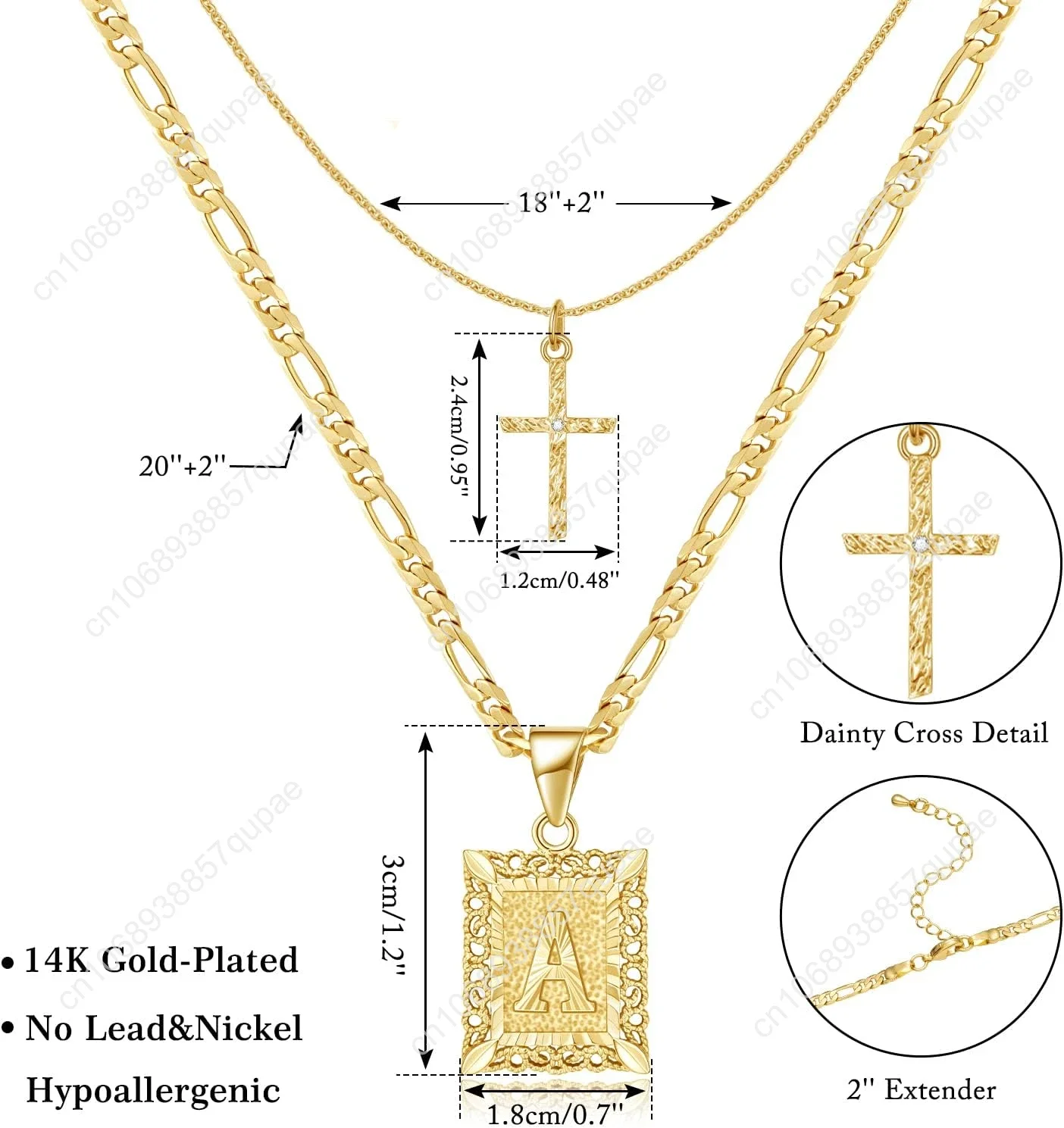 KELORIS PATH Золотое многослойное ожерелье с первоначальным крестом, 14-каратное позолоченное многослойное квадратное колье с буквами Фигаро-цепочка с крестом из