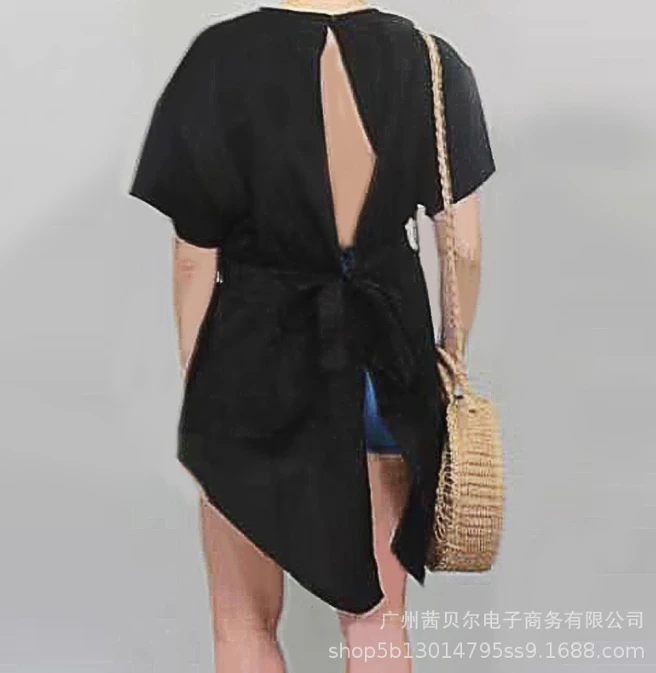 Summer Fashion Irregular Hem with Backless Design, Round Neck Short Sleeved Casual Versatile New Women's Mid Length Top