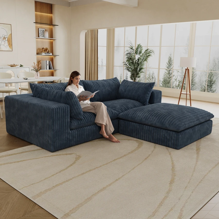 

39.8 Cloud Sofa for Living Room Bedroom Conference Room Apartment, Corduroy Fabric, Blue, Deep Seat Double-layer Design with Re