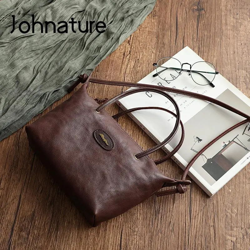 Borsa da donna in pelle di mucca naturale morbida vintage Johnature 2024 nuove borse a tracolla versatili multicolori borsa a tracolla semplice