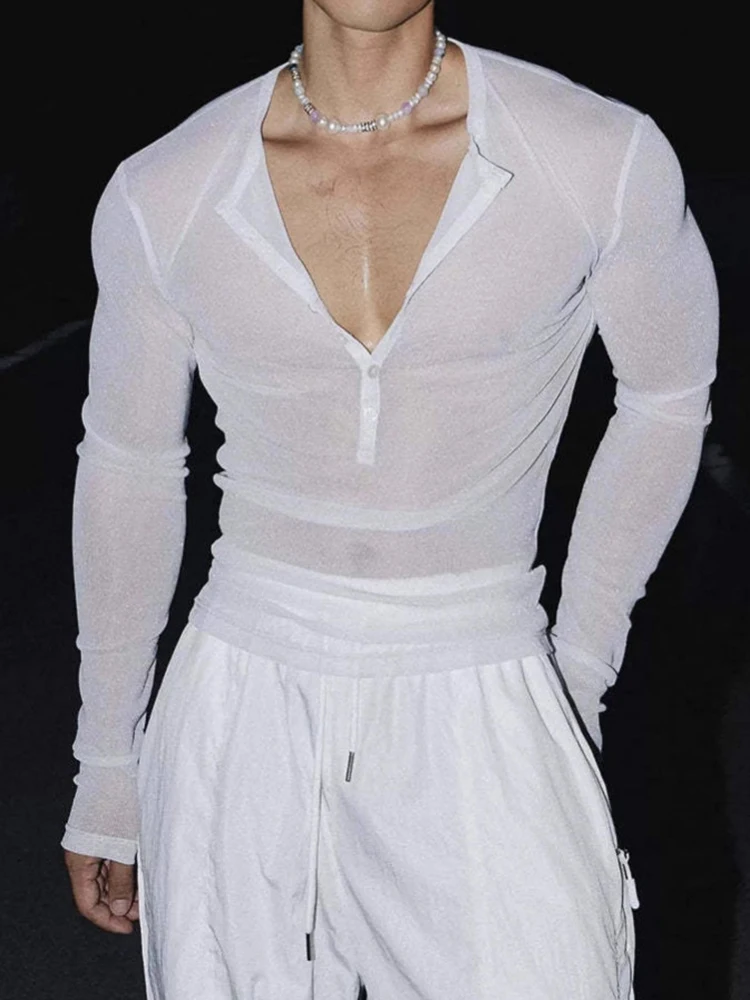 2026 Sexy Slim See-through Male Long Sleeve Tops Casual Men Buttons Shirts For Nightclub Parties Summer America Men's Clothing