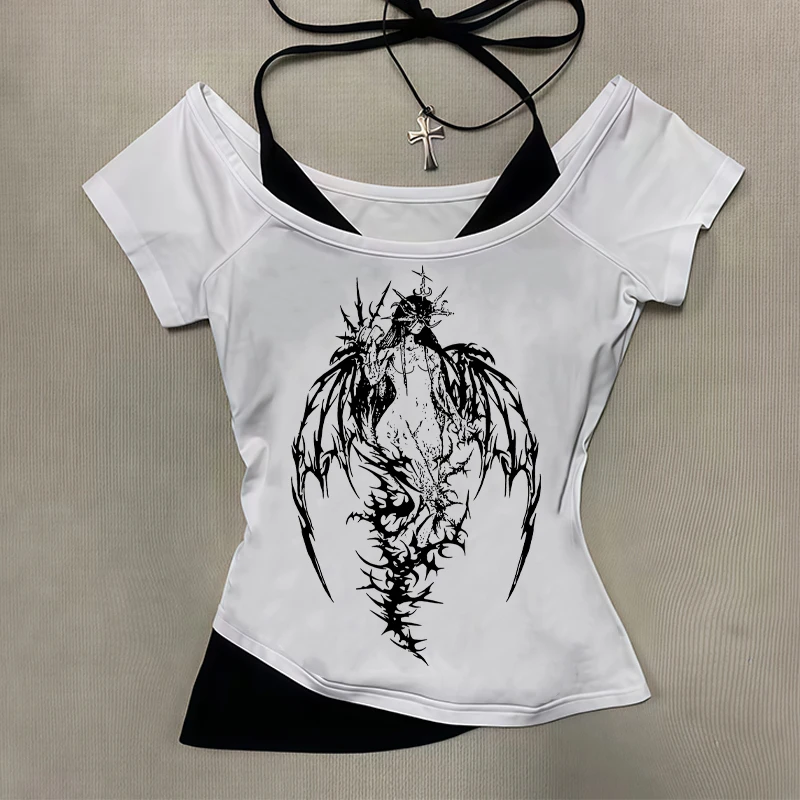 

2025 New Y2K Retro Wing Printed One Piece Street Short Top, Hot and Sexy Off Shoulder and Umbilical Fake Two Piece T-shirt
