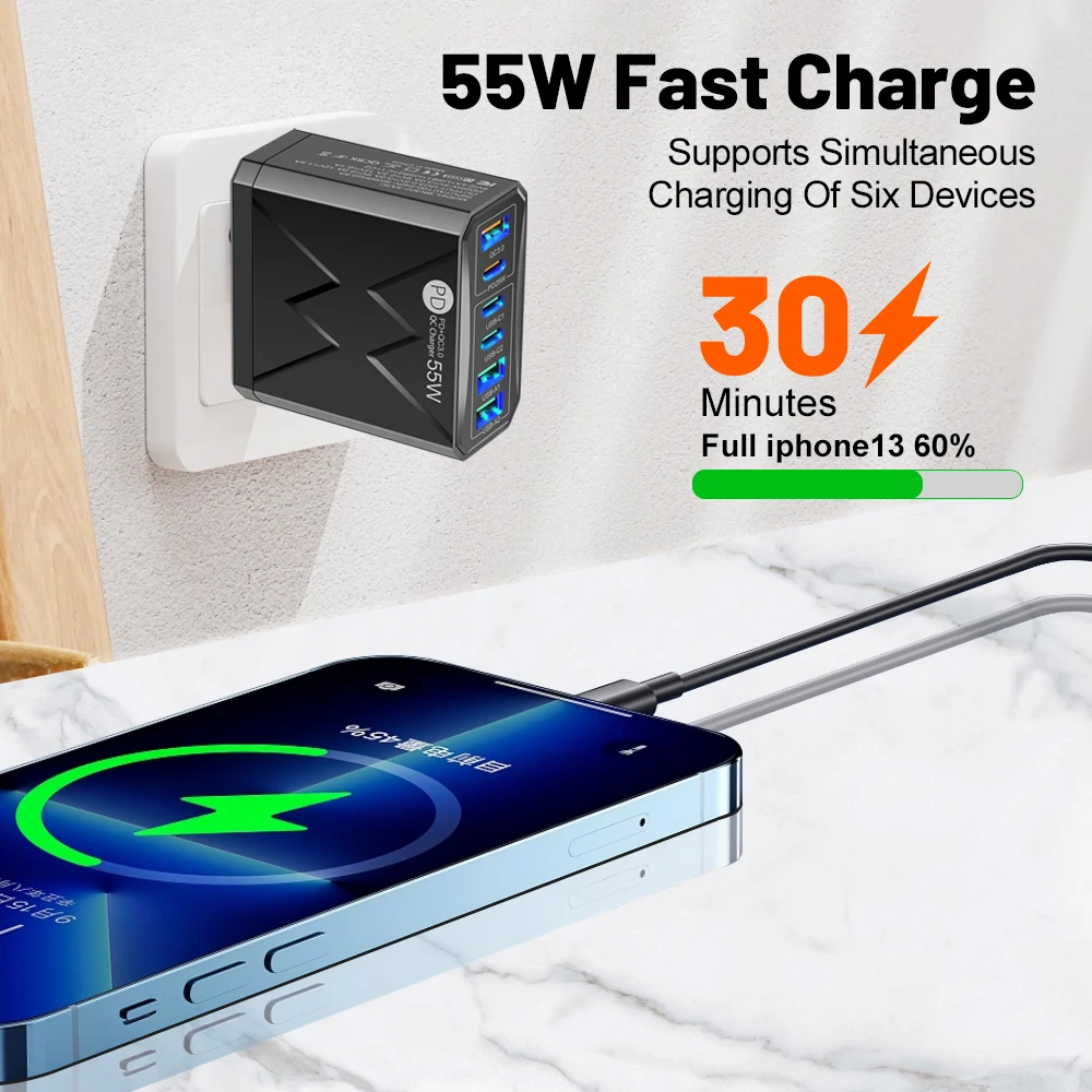 55W 6-Port USB PD Charger QC3.0 Type C Fast Charging Station with PD25W Intelligent Shunt for iPhone Samsung Xiaomi KR/US/UK/EU