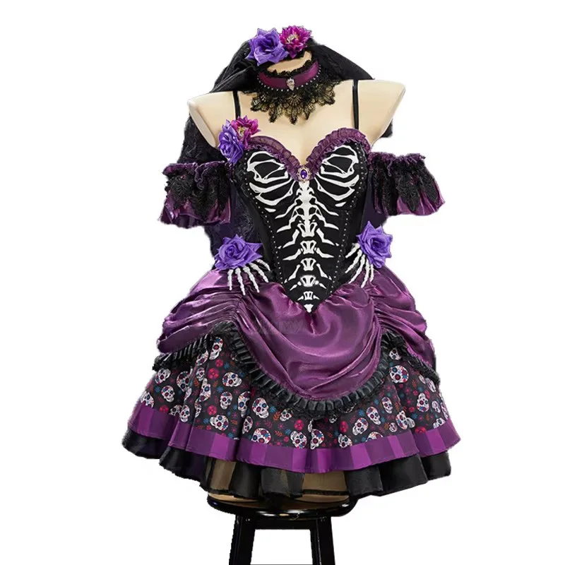 

New Skeleton Ghost Bride Cosplay Costume Women Sling Lolita Short Dress Horror Ghost Zombie Set Halloween Carnival Party Clothes