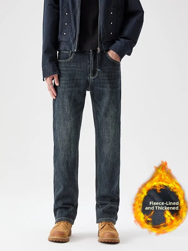 

Men's Thickened Fleece Denim Jeans Straight Leg Slim Fit Versatile Winter Warm mid Waist Zipper Casual Vintage Style