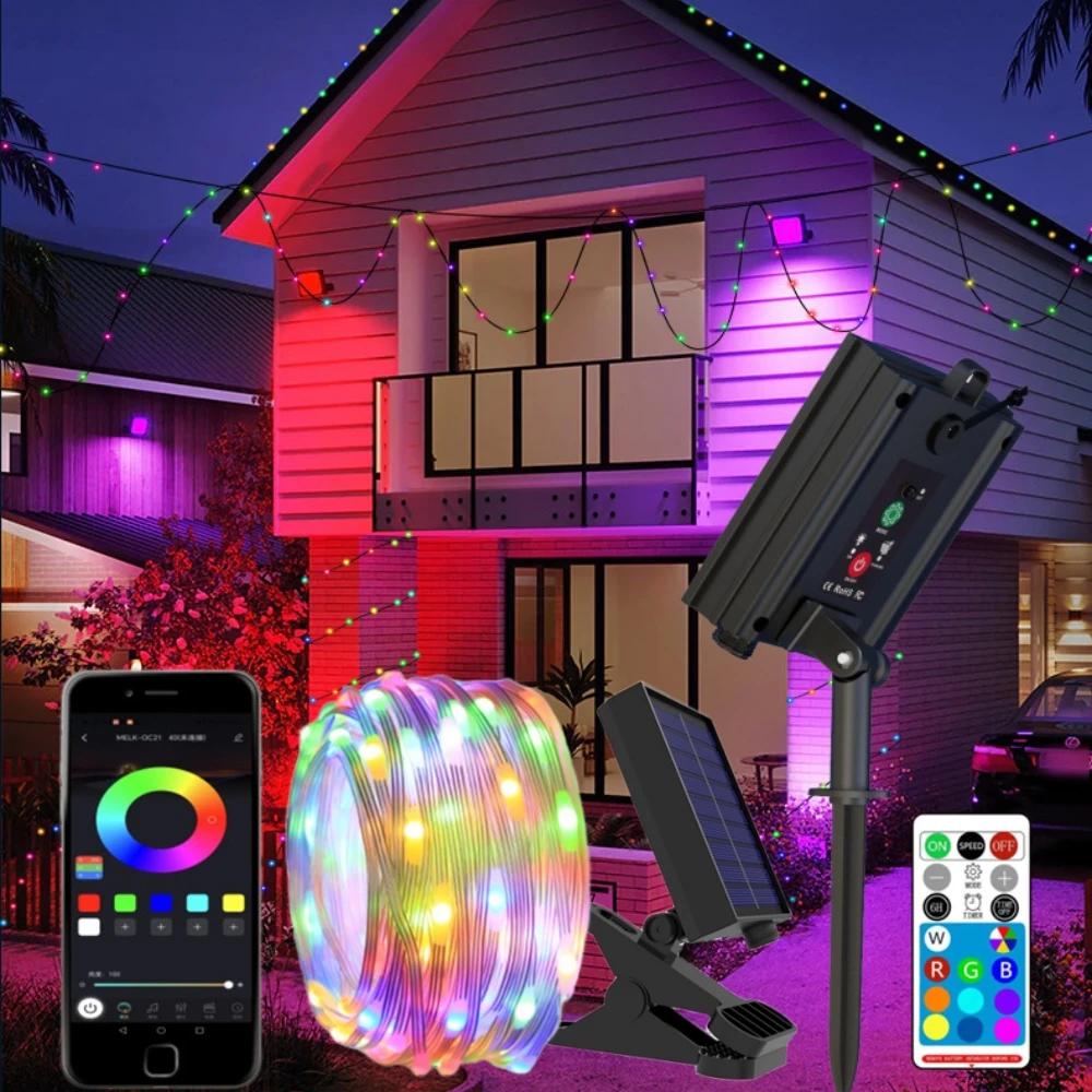 Solar LED Light 1.2W RGB Smart Bluetooth Control Fairy Led String Outdoor Waterproof Garland String Christmas Lights 10m 20m 30m