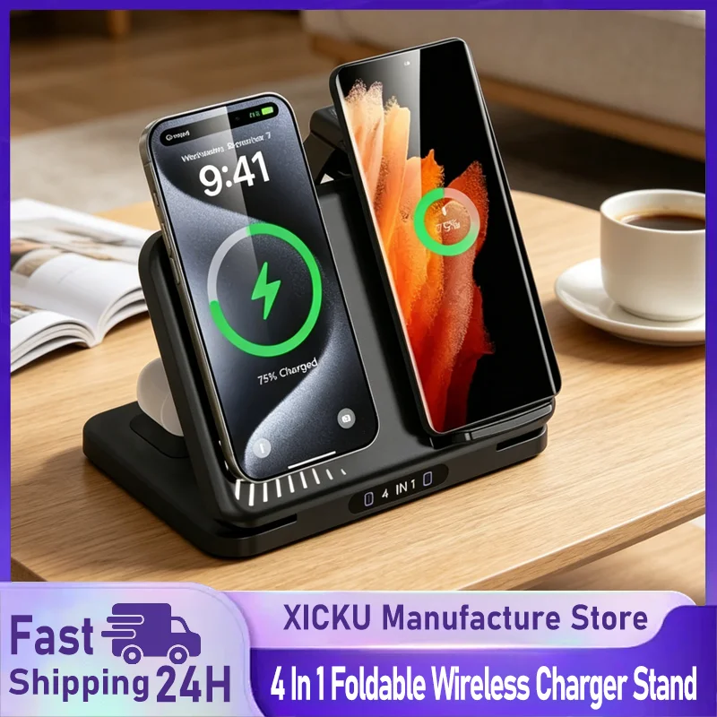 

4 In 1 Dual Phone Wireless Charger Stand For iPhone 17~12 Samsung S25 Xiaomi Airpods Pro Apple Watch 11~2 Magnetic Fast Chargin
