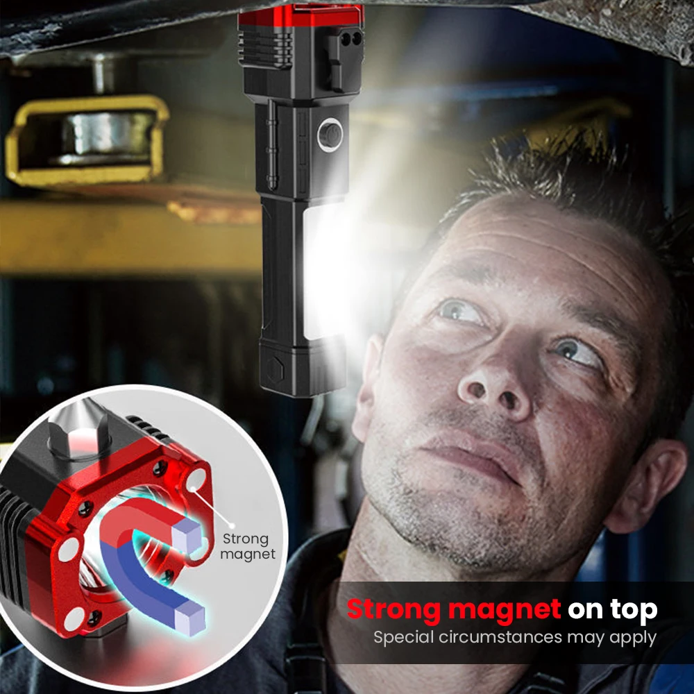 Super Bright Rechargeable LED Flashlight with Safety Hammer Magnet Work Light Portable Torch Light Outdoor Adventure Lighting