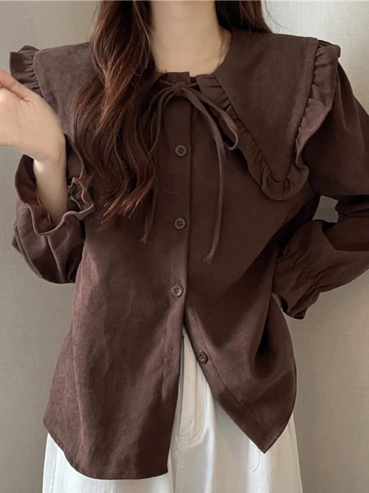 Corduroy Sweet Shirts Women Trendy Peter Pan Collar Casual Students Kawaii Ruffles Autumn Clothing Young Niche Soft New Elegant