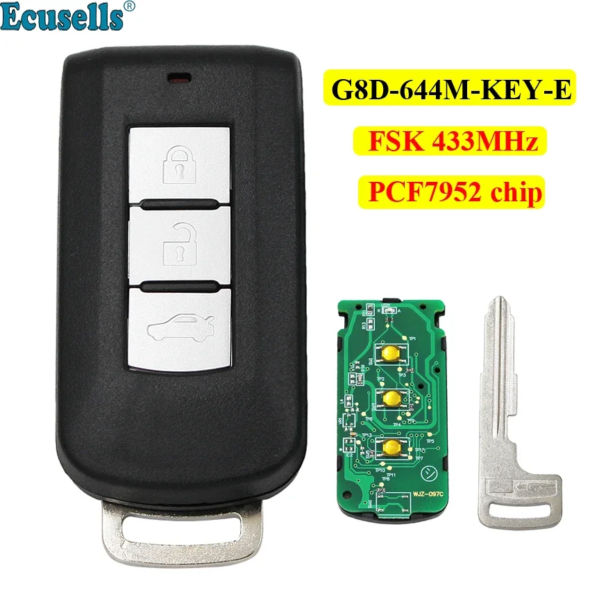 

3 buttons Smart Remote Car Key FSK 433MHz PCF7952 chip for Mitsubishi Lancer Outlander ASX G8D-644M-KEY-E with insert key