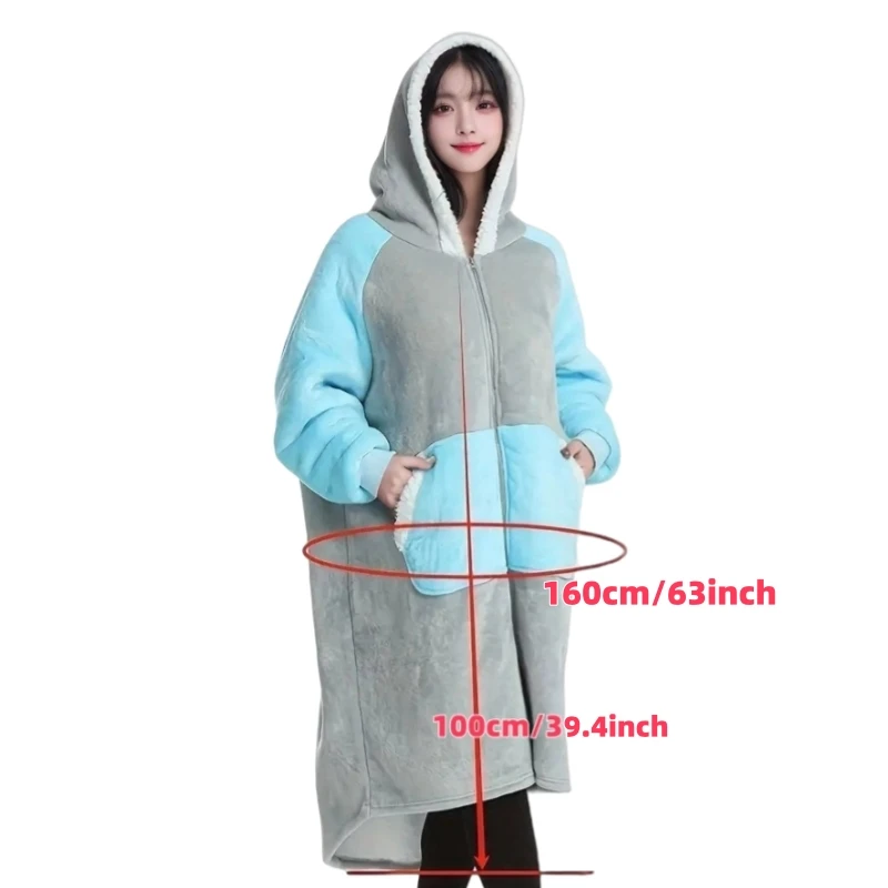 Oversized Zipper hoodie blanket with sleeves sweatshirt plaid winter fleece hoody women pocket