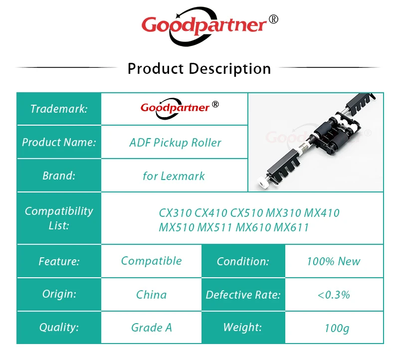 40X8736 ADF Pickup Roller for LEXMARK CX310 CX410 CX510 MX310 MX410 MX510 MX511 MX610 MX611 XC2130 XC2132 XC4140 XC4150 XM1140