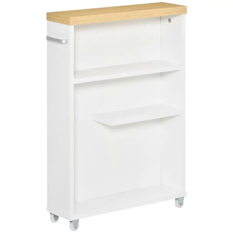 

Slim Bathroom Cabinet with Castor Wheels Storage Organizer and Wood Shelves To Fit In Small Spaces, White