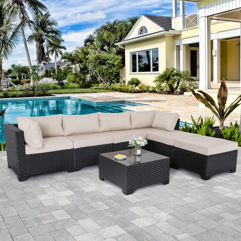 7 Stück Outdoor Pe Korb möbel Set Terrasse Rattan Schnitt Gespräch Sofa Set mit Khaki Kissen und Glasplatte Tisch