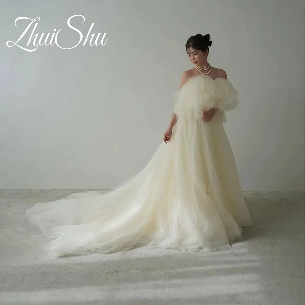 ZHUISHU Fluffy Multi layered Tulle strapless Wedding Dress Photo shoot Korea Japan Bride Gown ウエディングドレス Customized Trai