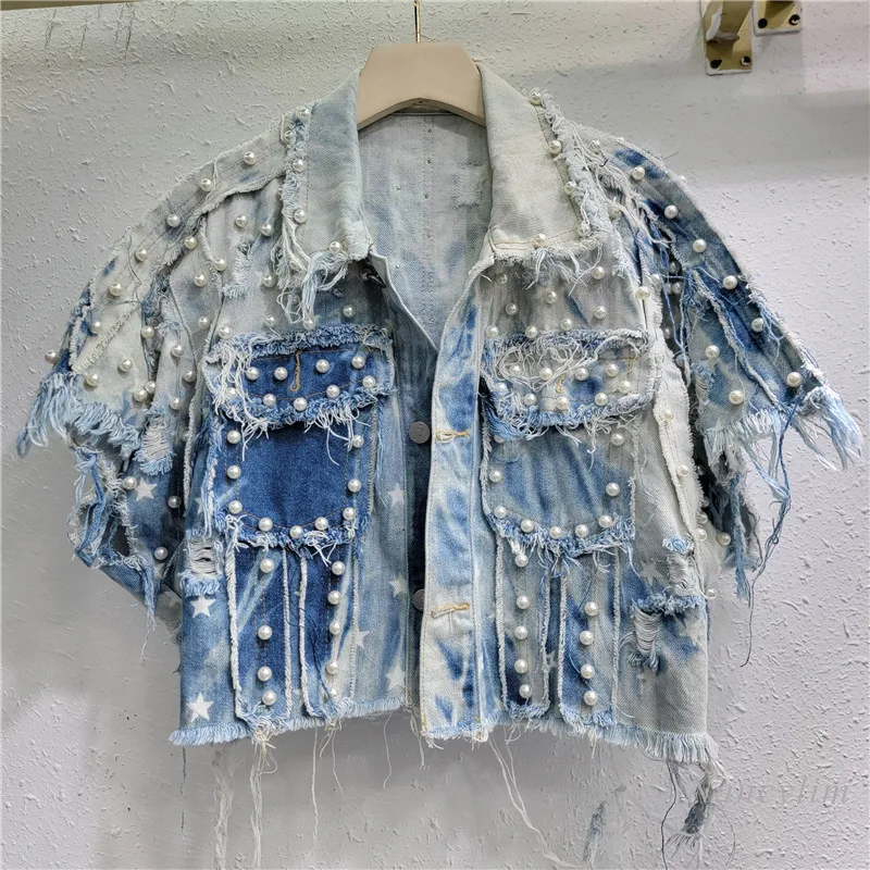 

European and American Style Denim Coat Women Autumn New Irregular Tie-Dye Heavy Industry Beads Loose Jean Jacket Short Sleeve