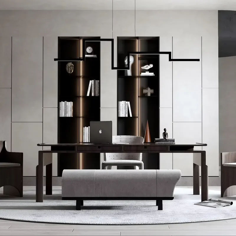 HAIYUE Dark Walnut Built-in Bookcase with LED Light, Modern Minimalist Wooden Wall Unit for Villa Study