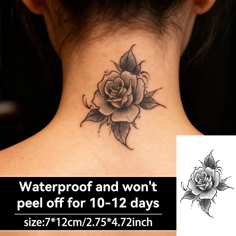 Rose & Flower Temporary Tattoo, Herbal Juice Waterproof Long-Lasting, Elegant Small & Fresh Fake Tattoo for Arm, Collar & Neck